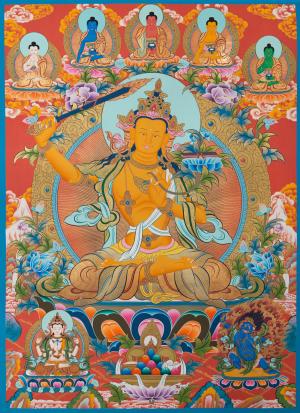 Manjushree with 5 Dhyani Buddhas Thangka flanked by Bodhisattvas Vajrapani and Chengrezig